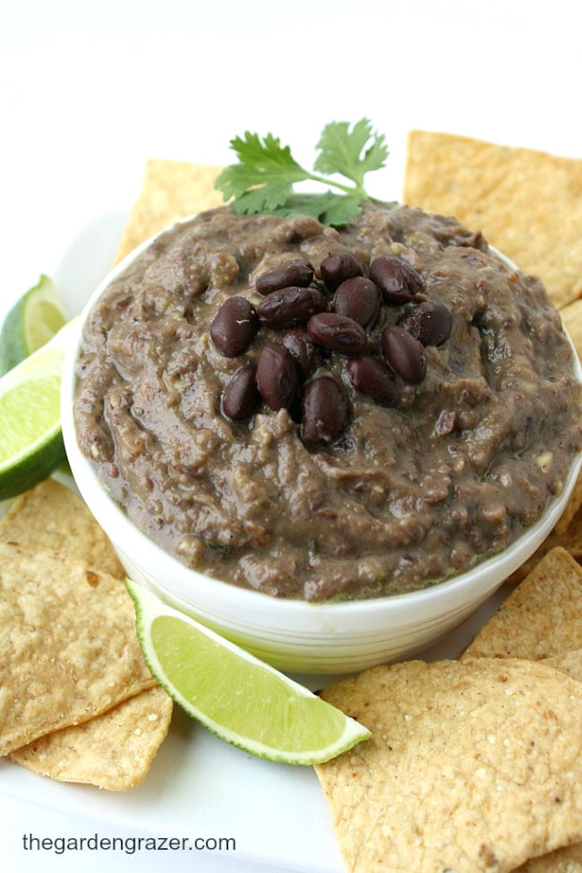 Vegan black bean avocado dip in a bowl with chips on the side