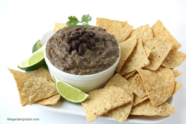 Bowl of black bean dip with chips on the side