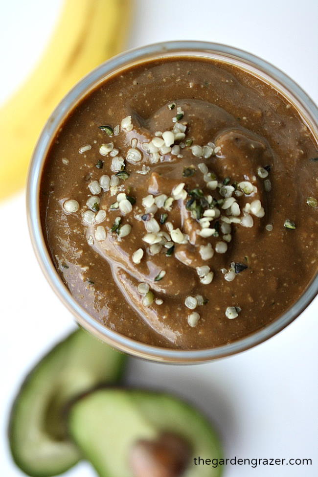 Overhead view of chocolate hemp smoothie in a glass