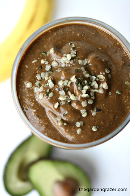 Overhead view of chocolate hemp smoothie in a glass