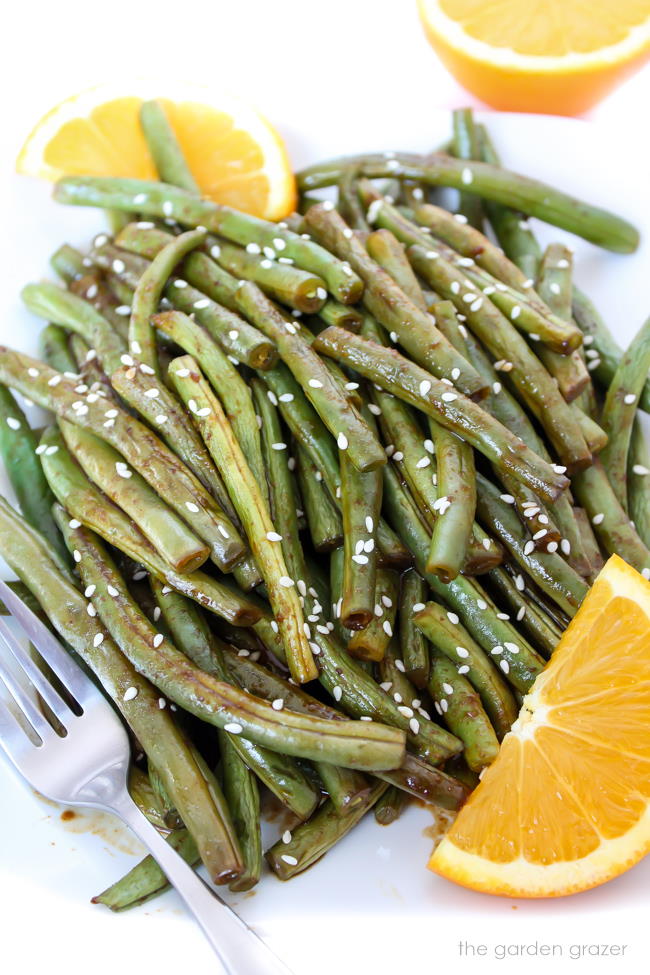 Hoisin orange roasted green beans on a plate