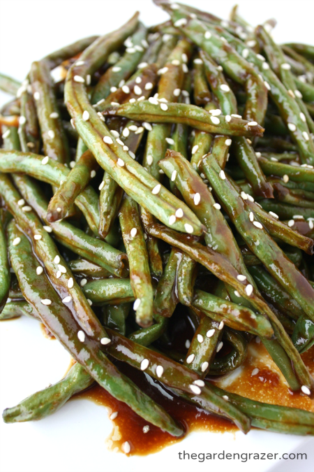 Vegan hoisin roasted green beans on a plate
