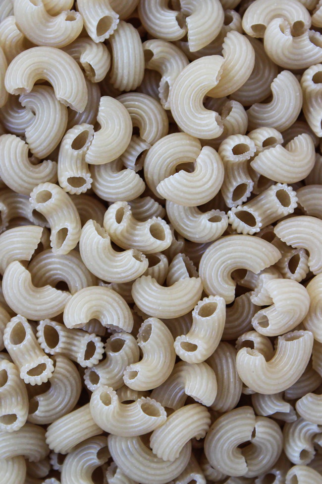 Close up view of dry elbow macaroni pasta ingredient