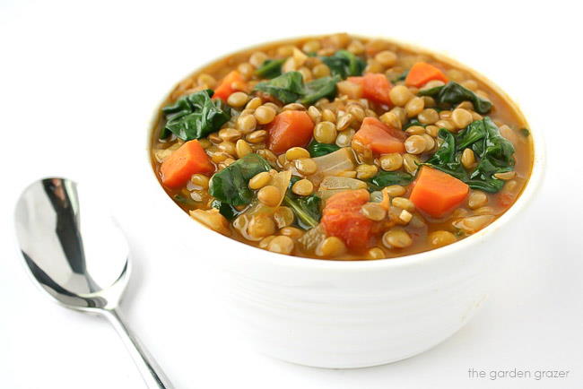 bowl of lentil soup with a spoon