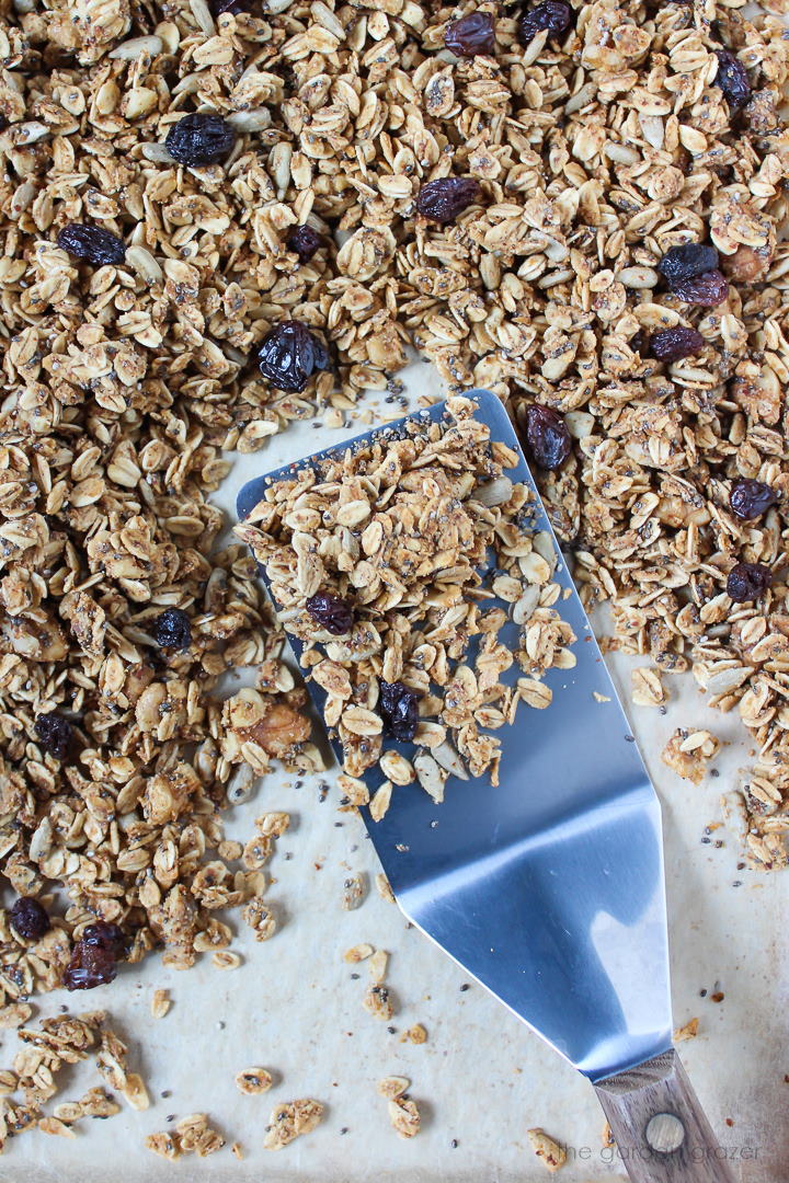 Nut and seed granola on a baking sheet with metal spatula