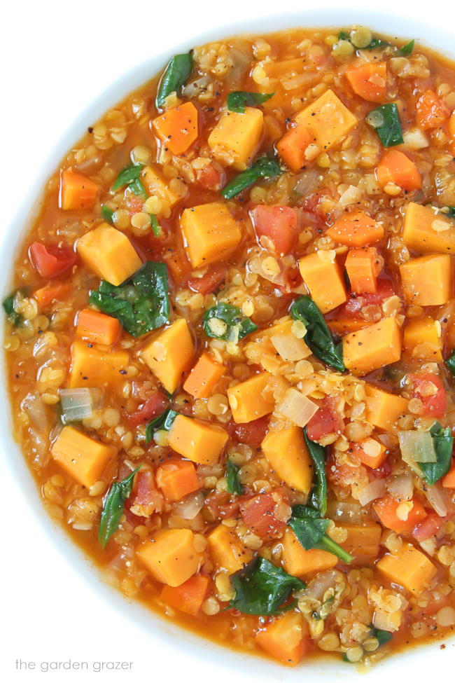 Vegan red lentil stew with sweet potatoes in a bowl