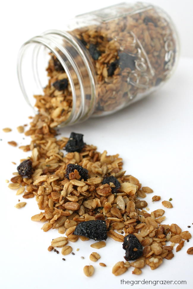 Homemade granola with seeds in a small jar