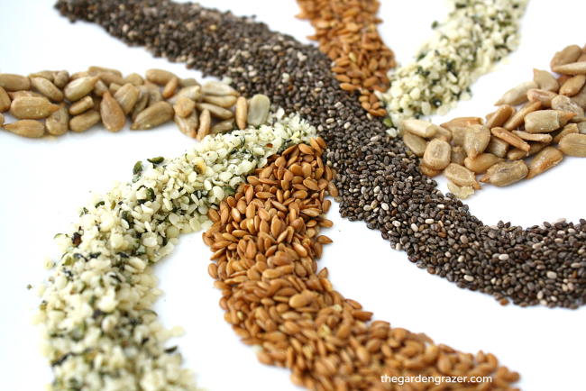 Raw chia seeds, hemp hearts, sunflower seeds, and flax seeds on a table