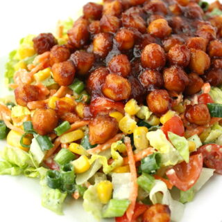 Plate of BBQ chickpea salad with vegan avocado ranch dressing