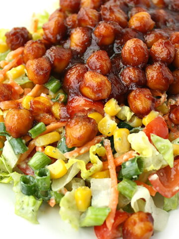Vegan BBQ chickpea chopped salad on a white plate