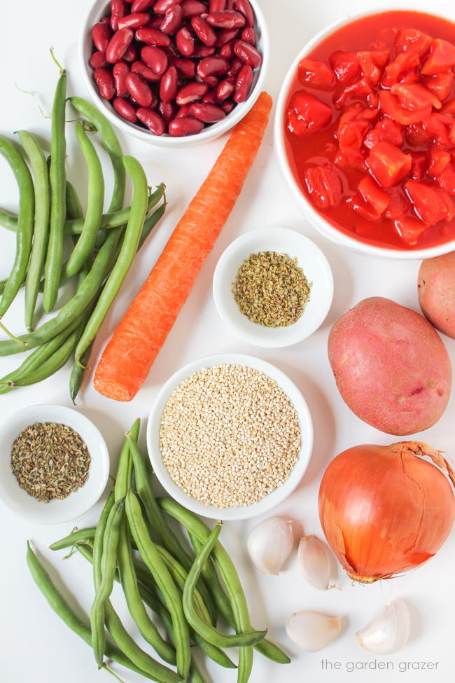 Green beans, tomatoes, carrot, potatoes, and onion ingredients on a white table