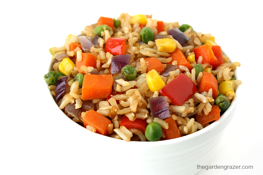 Vegan vegetable fried rice in a bowl