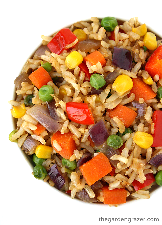 Rainbow veggie fried rice in a bowl
