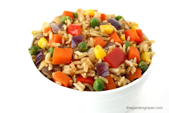 Vegan fried rice with rainbow vegetables in a white bowl