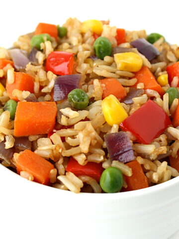 Veggie fried rice in a white bowl