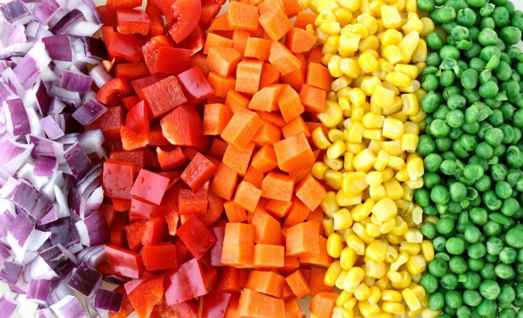 Diced vegetables sorted by color
