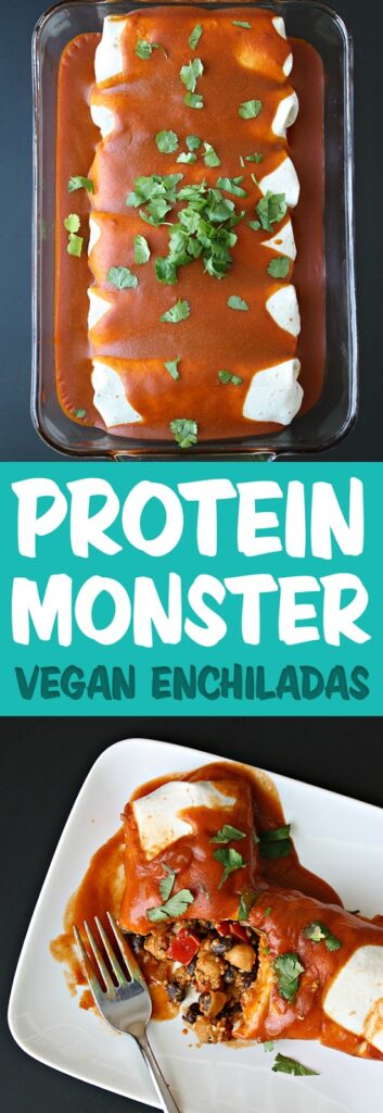 Photo collage of protein monster vegan enchiladas