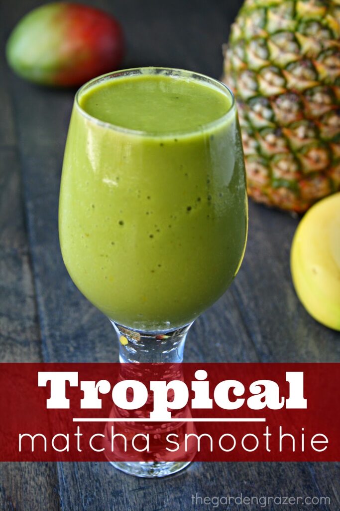 Vegan creamy tropical matcha smoothie in a glass