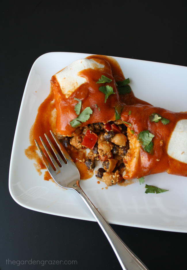 Vegan enchiladas with garbanzos and black beans on a plate with fork