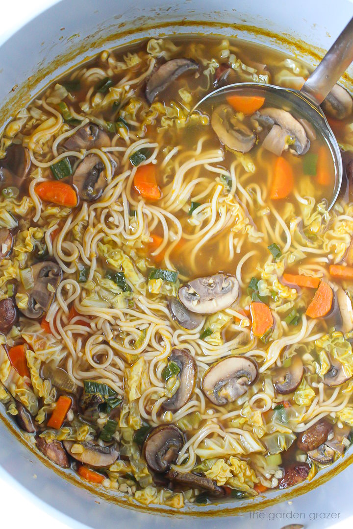 Vegan Asian Noodle Soup cooking in a large pot with ladle