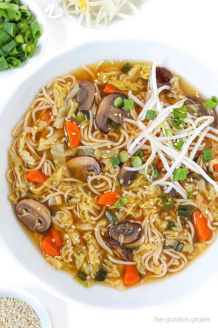 Bowl of Asian-style Noodle Soup with mushrooms and carrots