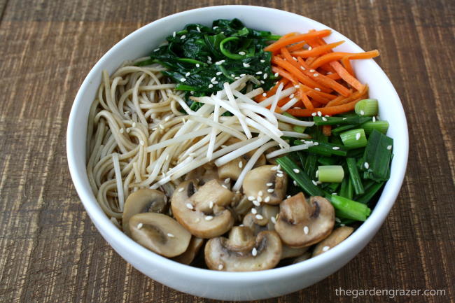Vegan Asian-inspired noodle soup in a white bowl