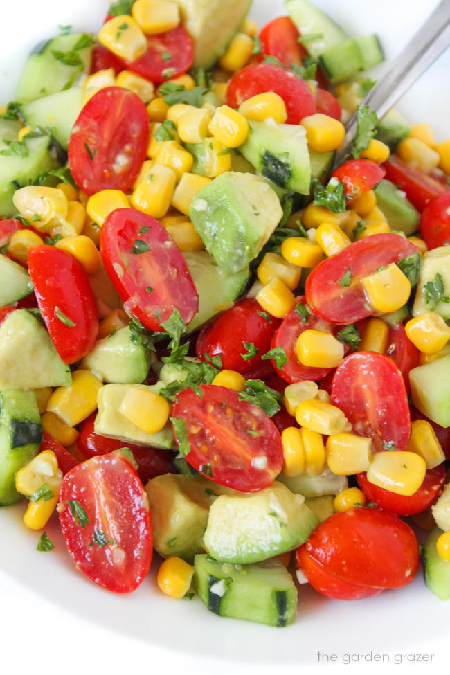 Summer blast salad in a bowl with avocado, tomato, cucumber, and parsley