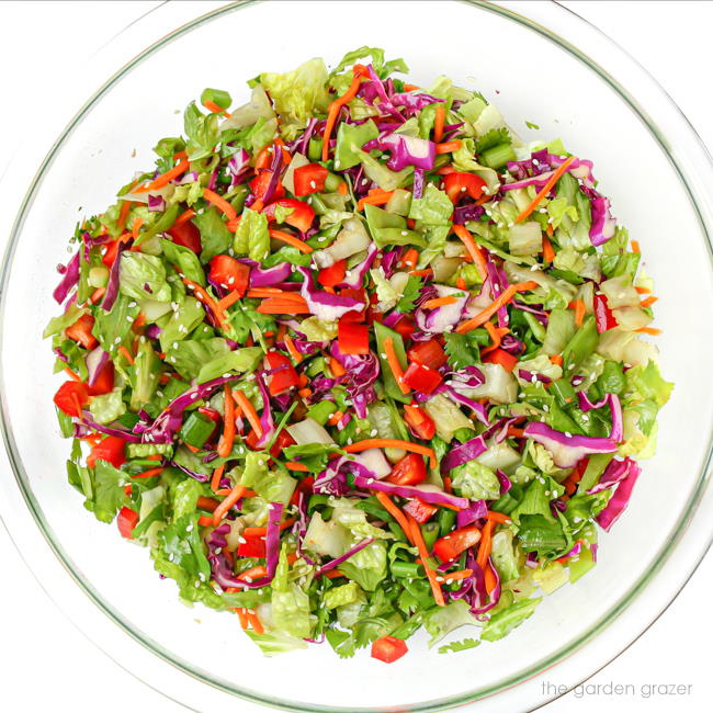 Bowl of colorful chopped salad with sesame seeds