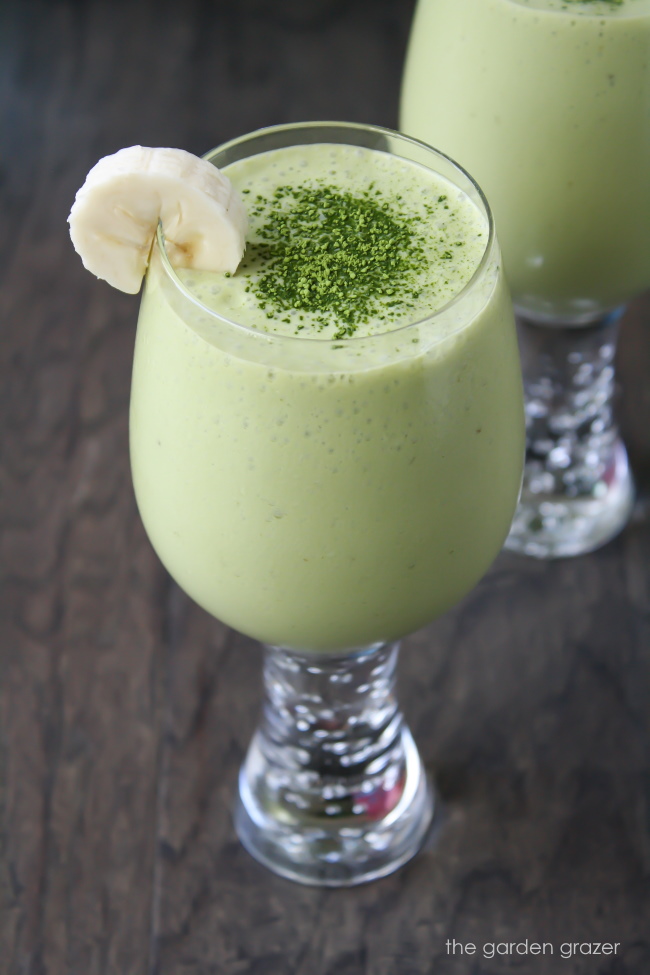 Glasses of coconut matcha smoothie with banana