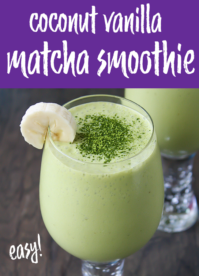 photo collage of coconut matcha vanilla smoothie