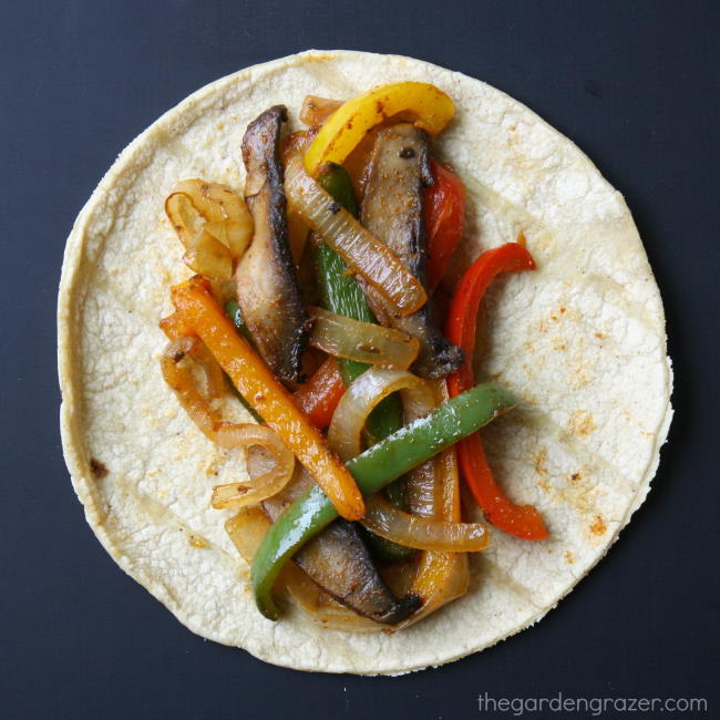 Portobello mushroom fajitas with colorful bell peppers on a corn tortilla