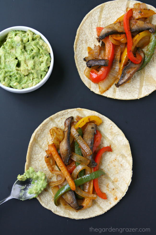 Portobello Mushroom fajitas with guacamole