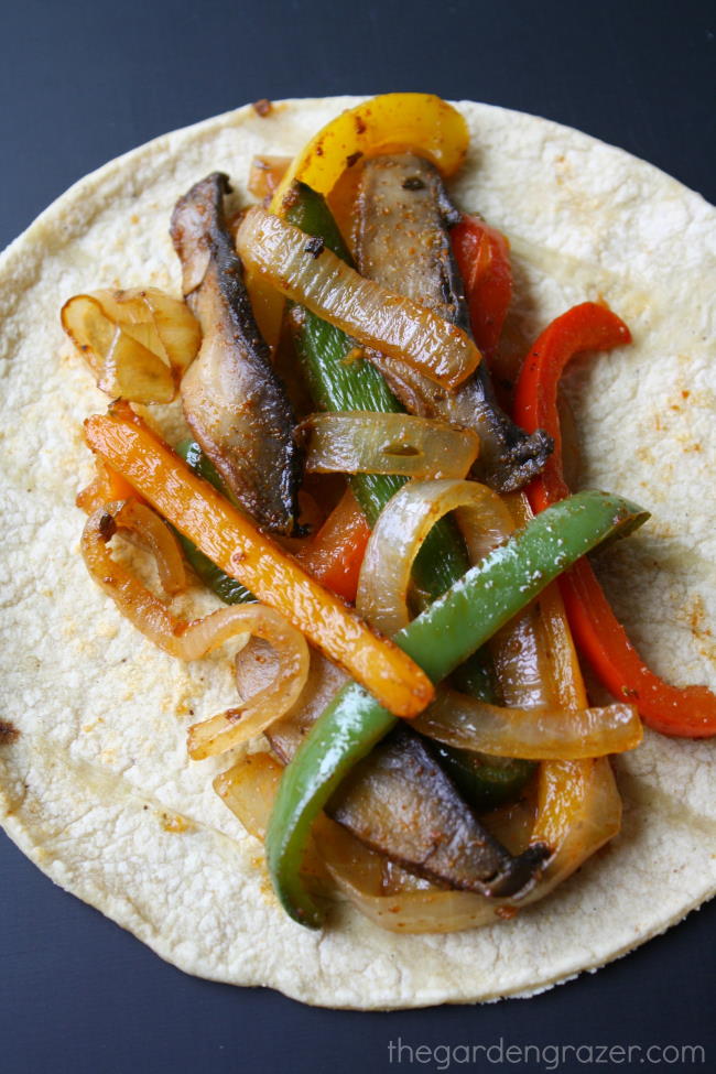 Vegan portobello mushroom fajitas on a corn tortilla