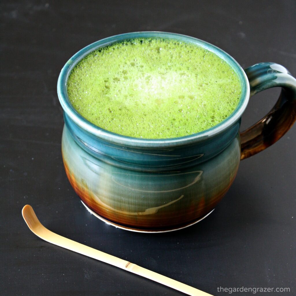 Large mug of vanillla soy matcha latte with bamboo scoop