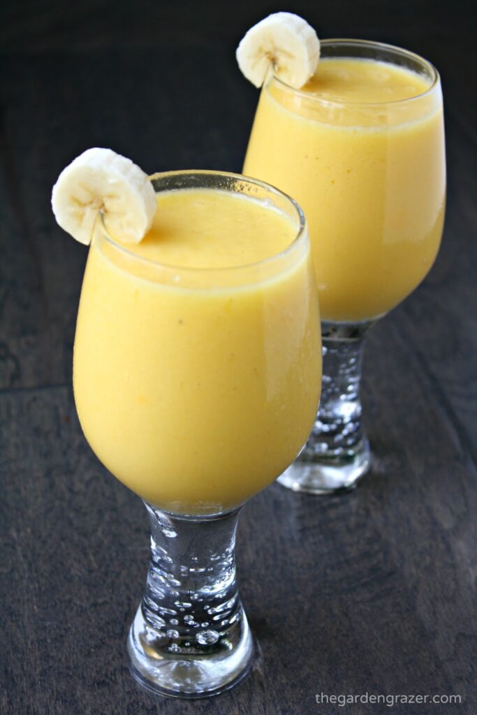 Two glasses with tropical smoothies and banana garnish