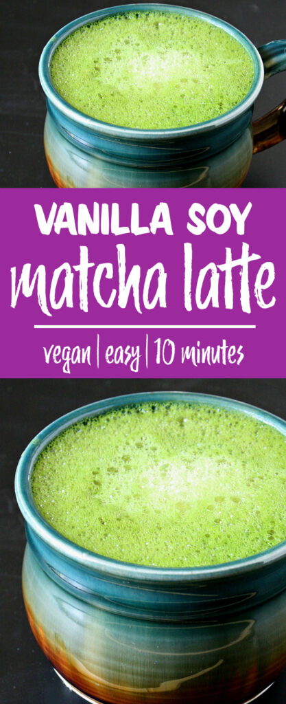 photo collage of vanilla soy matcha latte
