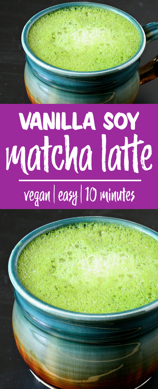 photo collage of vanilla soy matcha latte