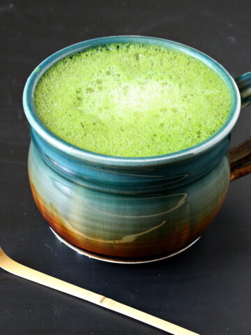 Vegan vanilla soy matcha latte in a large mug