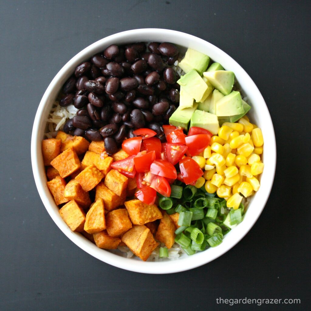 Ingredients for vegan black bean rice bowl with sweet potato