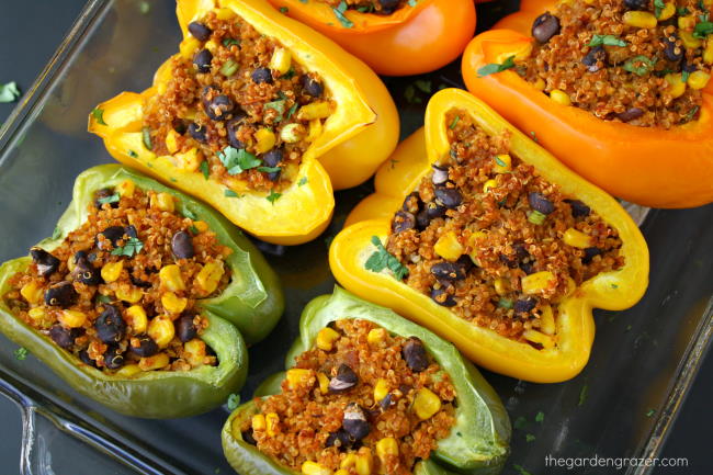 Pan of baked Mexican Quinoa Stuffed Peppers with cilantro