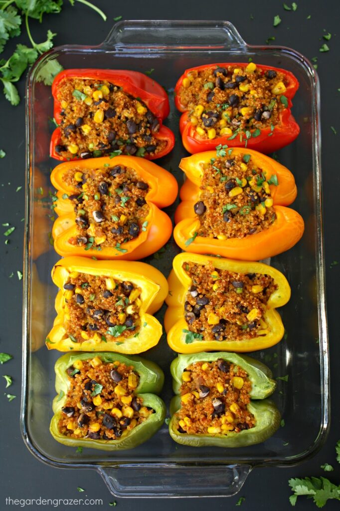 Pan of baked Mexican Quinoa Stuffed Peppers