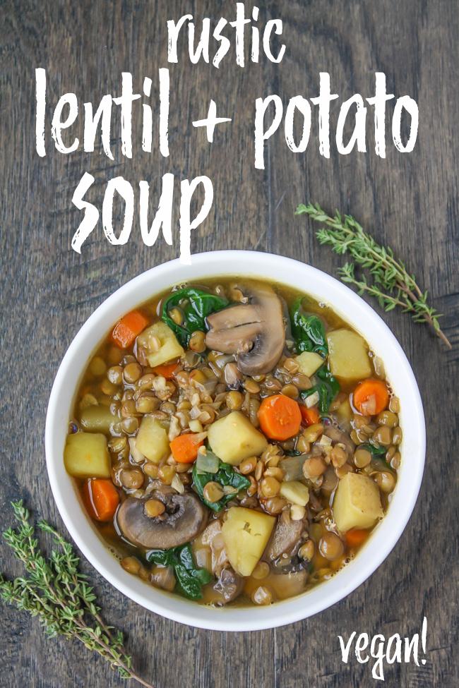 Bowl of vegan rustic lentil potato soup