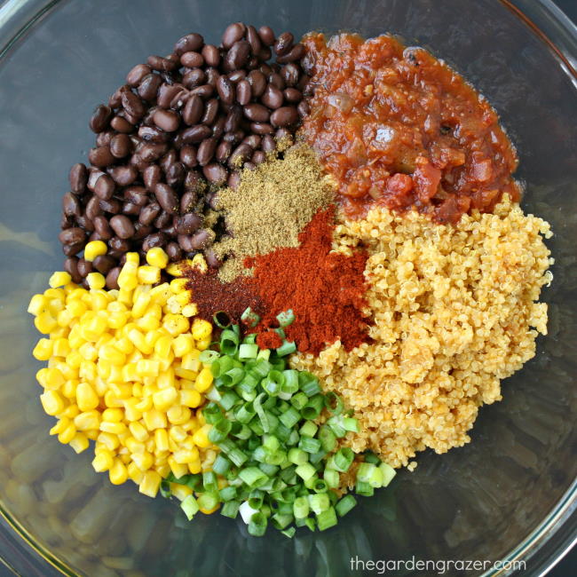 Black beans, salsa, corn, and spices in a bowl