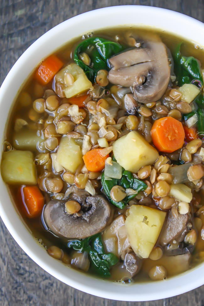 Vegan rustic lentil potato soup in a bowl