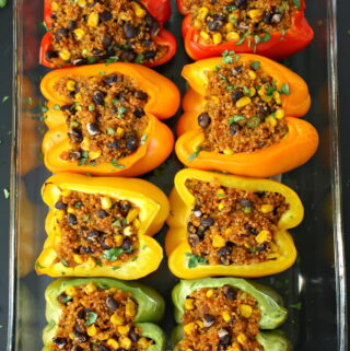 Vegan Mexican Quinoa Stuffed Peppers in a pan