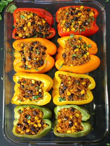 Vegan Mexican Quinoa Stuffed Peppers in a pan