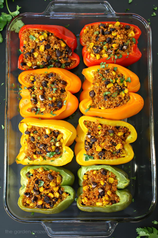 Vegan Mexican Quinoa Stuffed Peppers in a pan