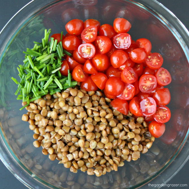 Ingredients for tomato lentil salad in a bowl