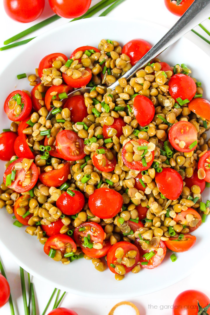 Overhead view of vegan lentil salad with tomatoes and chives in a white bowl with serving spoon