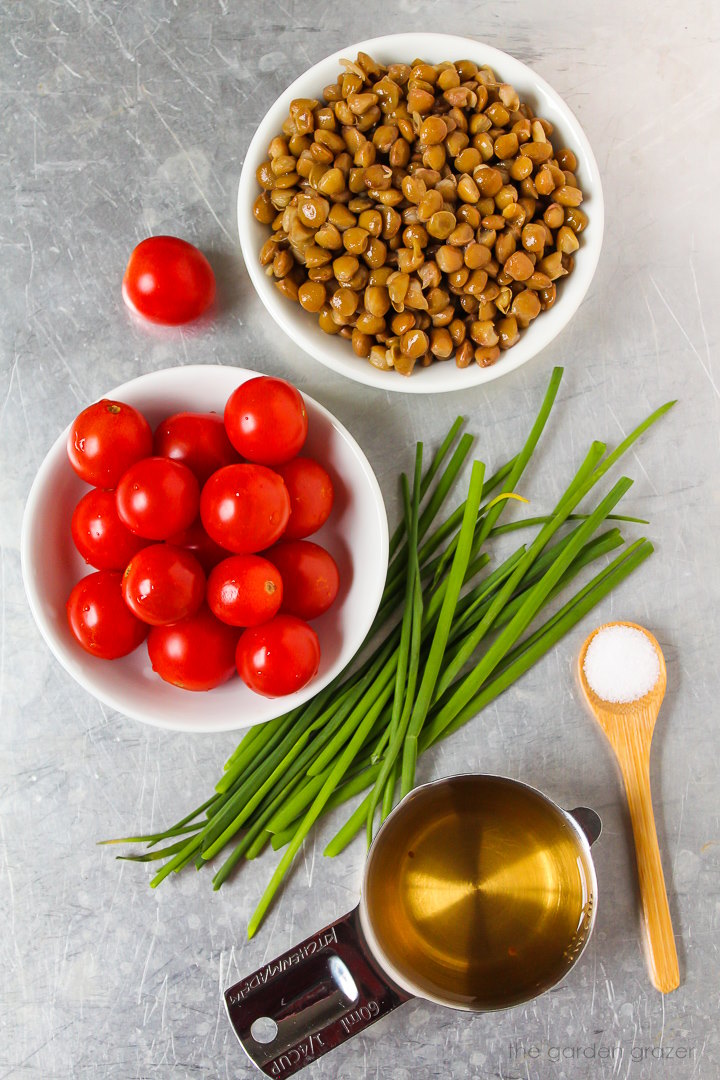 Brown lentils, cherry tomatoes, fresh chives, salt, and vinegar ingredients laid out on a metal tray